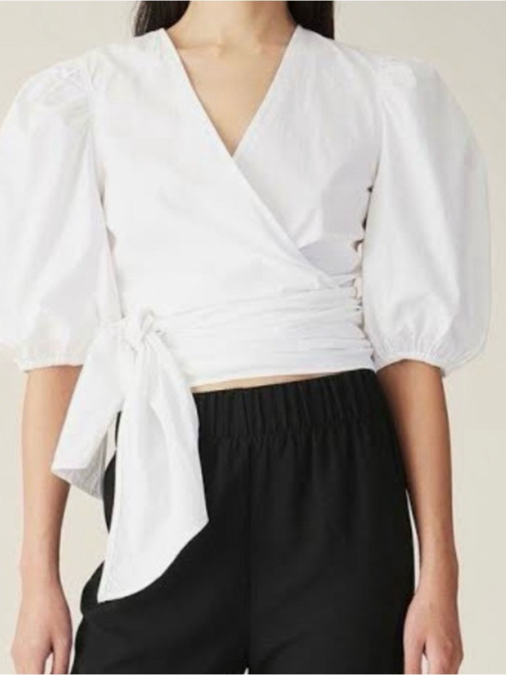 Ganni White Wrap Puff-Sleeve Tie-Waist Top